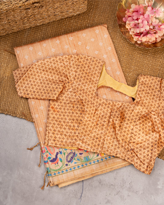 Pastel Orange Semi Tassar Silk Saree with Paithani Brocade printed Borders & Pallu | Blouse Size 38-44” | Free Shipping