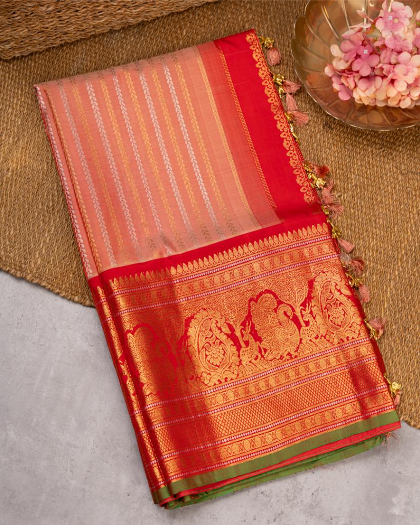 Pastel Peach Gadwal Brocade Silk saree with Red Kanchipuram Inspired Borders & Red Cutdana Handwork Blouse | Blouse Size 38-44” | Free Shipping