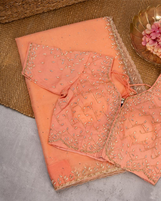 Pastel Peach Partywear Pure Orgaza Silk saree with Cutdana and Pearl Hand Embroidered Borders with Intricate Handwork Blouse | Blouse Size 38-44” | Free Shipping