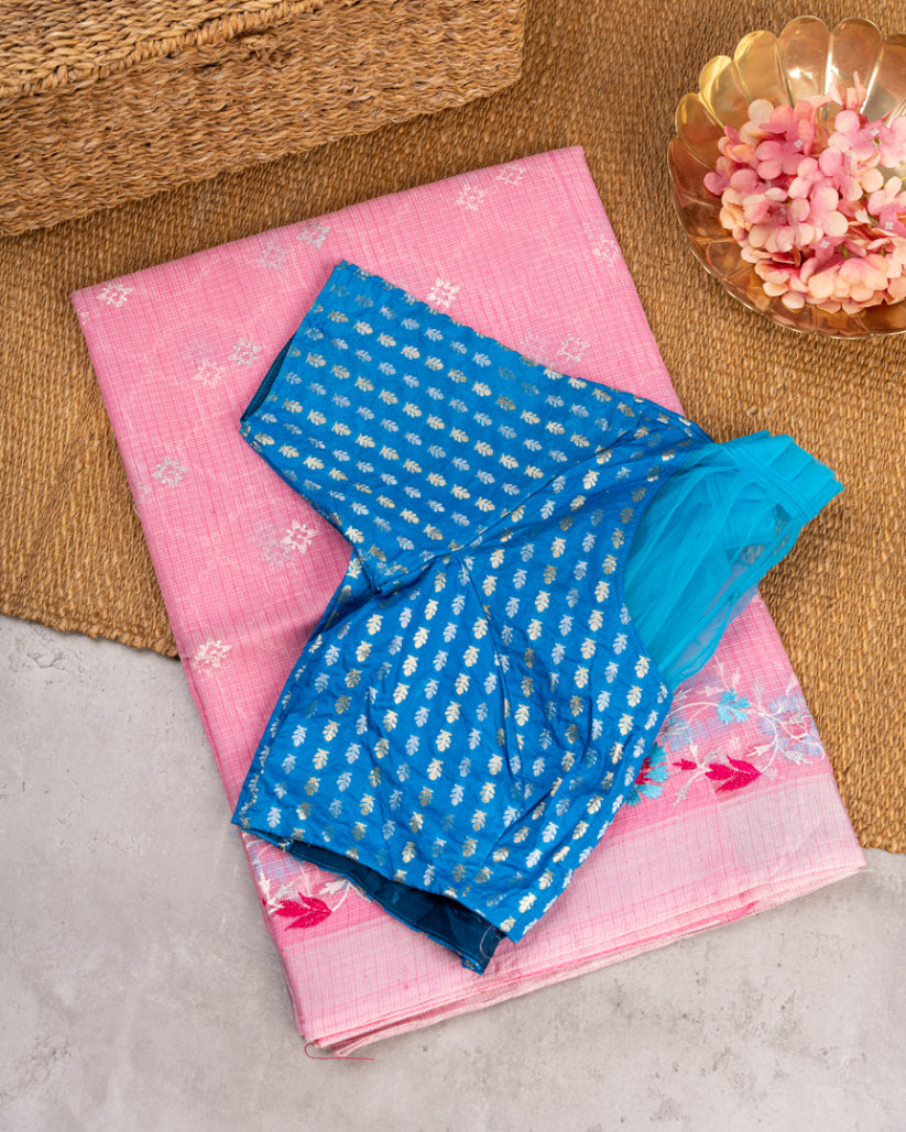 Pastel Pink Kota Silk with Chikankari, Machine embroidery & Silver Borders with Blue Banarasi Brocade Silk Blouse | Blouse Size 38-44" | Free Shipping |