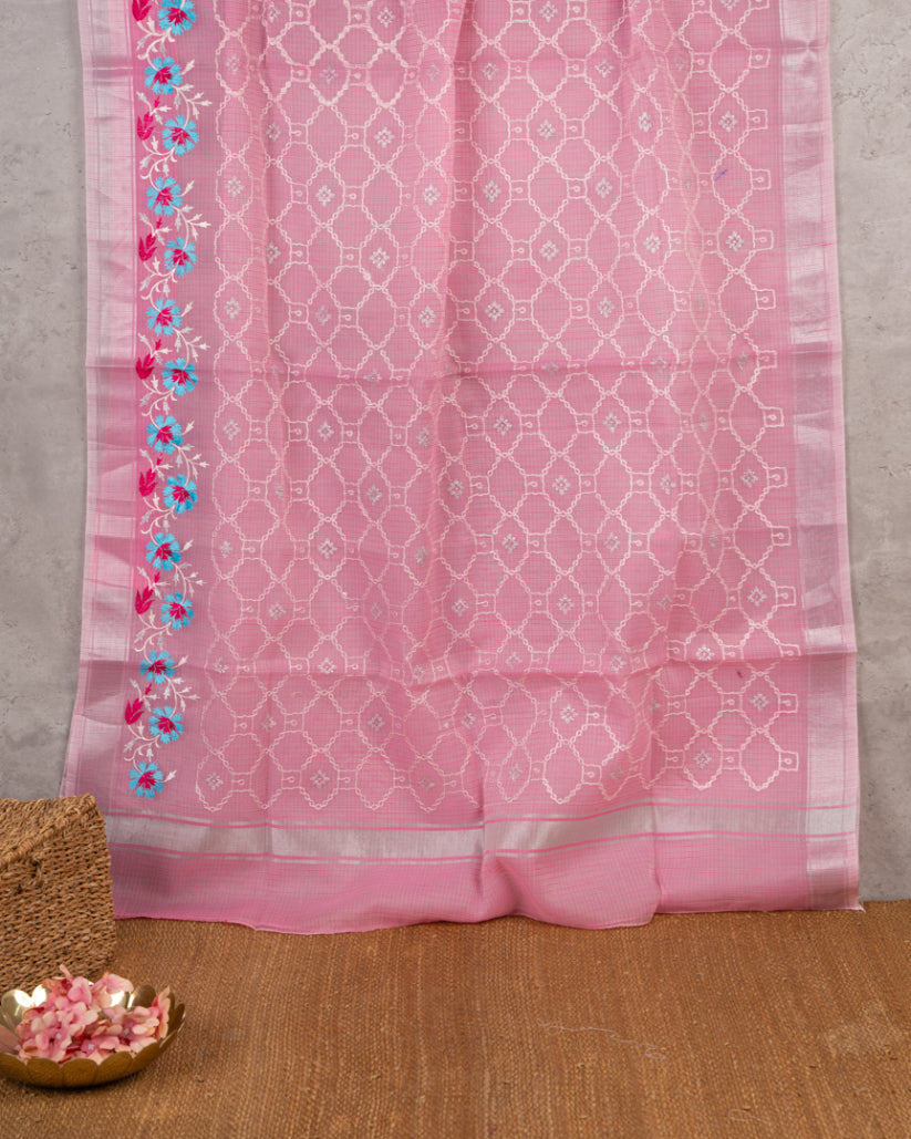 Pastel Pink Kota Silk with Chikankari, Machine embroidery & Silver Borders with Blue Banarasi Brocade Silk Blouse | Blouse Size 38-44" | Free Shipping |