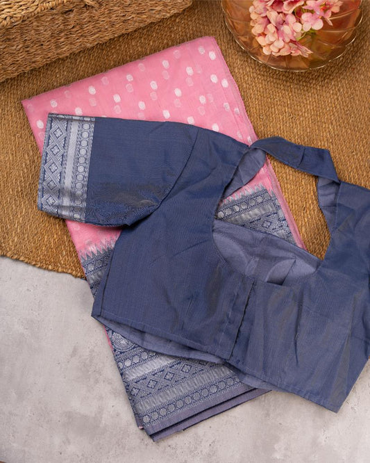 Pastel Pink Semi Chanderi Silk Saree with Silver Zari Kanchipuram inspired Navy Borders & Navy Patterened Blouse | Blouse Size 38-44” | Free Shipping