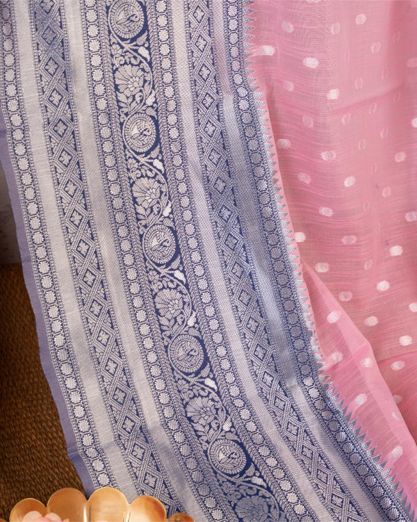 Pastel Pink Semi Chanderi Silk Saree with Silver Zari Kanchipuram inspired Navy Borders & Navy Patterened Blouse | Blouse Size 38-44” | Free Shipping