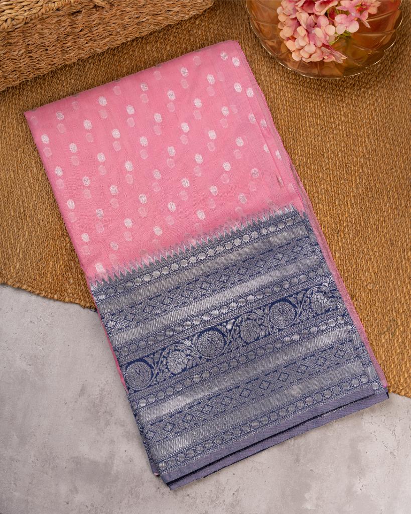 Pastel Pink Semi Chanderi Silk Saree with Silver Zari Kanchipuram inspired Navy Borders & Navy Patterened Blouse | Blouse Size 38-44” | Free Shipping