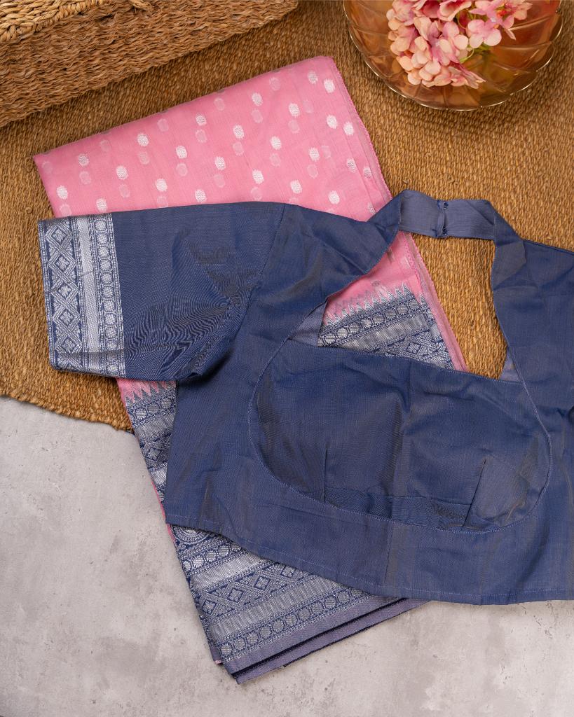 Pastel Pink Semi Chanderi Silk Saree with Silver Zari Kanchipuram inspired Navy Borders & Navy Patterened Blouse | Blouse Size 38-44” | Free Shipping