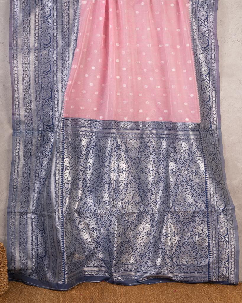 Pastel Pink Semi Chanderi Silk Saree with Silver Zari Kanchipuram inspired Navy Borders & Navy Patterened Blouse | Blouse Size 38-44” | Free Shipping