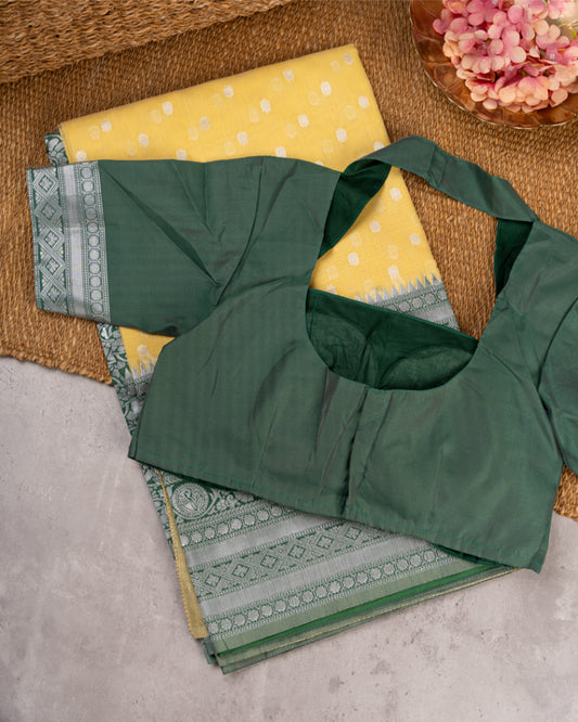 Pastel Yellow Banarasi Kora with 1000 Butties & Bottle Green Contrast Kadwa Borders with Pattern Blouse | Blouse Size 38-44' |Free Shipping |