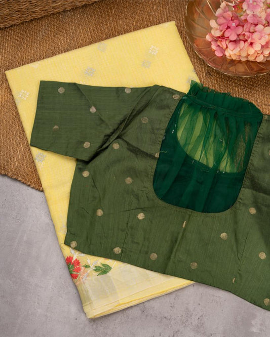 Pastel Yellow Kota Cotton Saree with machine Embroidery over the borders & Trendy Banarasi Blouse | Blouse Size 38-44” | Free Shipping