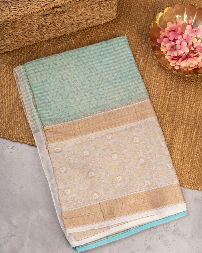 Pastel blue Banarasi Kora Silk Saree with beige meenakari borders & beige Pattern Blouse | Blouse size 38-44" | Free Shipping