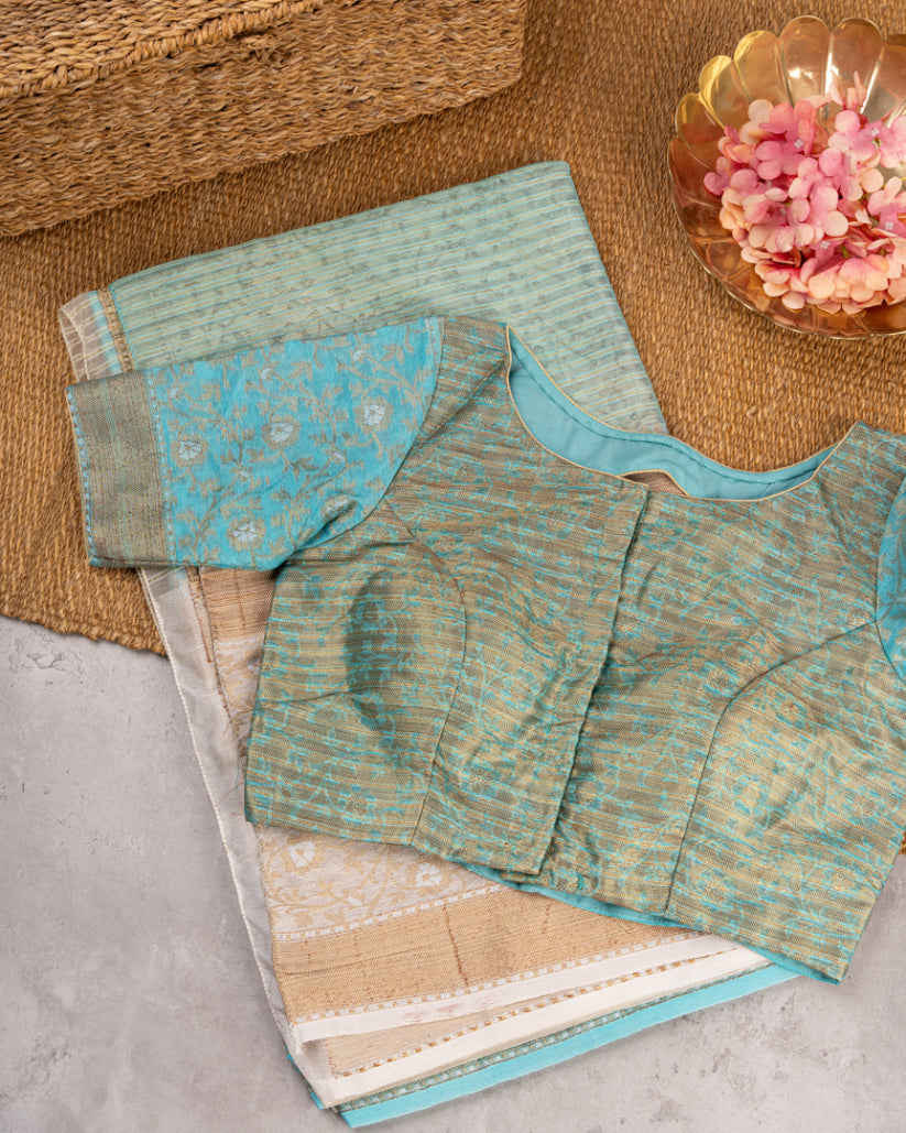 Pastel blue Banarasi Kora Silk Saree with beige meenakari borders & beige Pattern Blouse | Blouse size 38-44" | Free Shipping