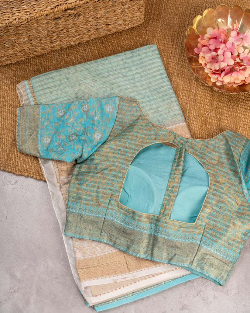 Pastel blue Banarasi Kora Silk Saree with beige meenakari borders & beige Pattern Blouse | Blouse size 38-44" | Free Shipping