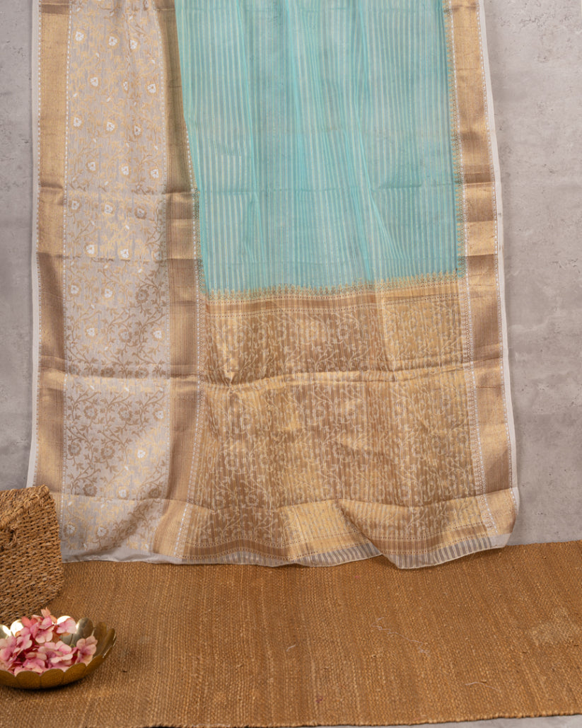 Pastel blue Banarasi Kora Silk Saree with beige meenakari borders & beige Pattern Blouse | Blouse size 38-44" | Free Shipping