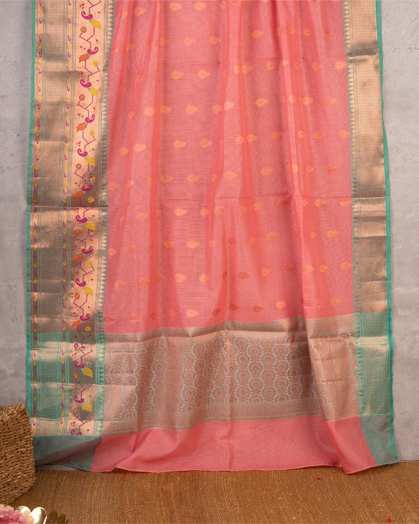 Peach Kota Semi Silk with Paithani Brocade Borders in Aqua Green & Patterened Brocade Blouse | Blouse Size 38-44” | Free Shipping