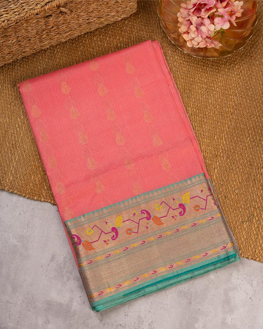 Peach Kota Semi Silk with Paithani Brocade Borders in Aqua Green & Patterened Brocade Blouse | Blouse Size 38-44” | Free Shipping