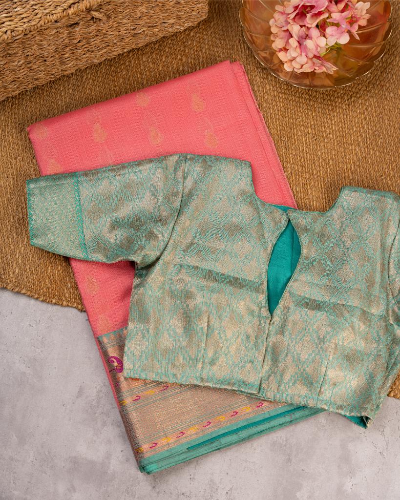 Peach Kota Semi Silk with Paithani Brocade Borders in Aqua Green & Patterened Brocade Blouse | Blouse Size 38-44” | Free Shipping