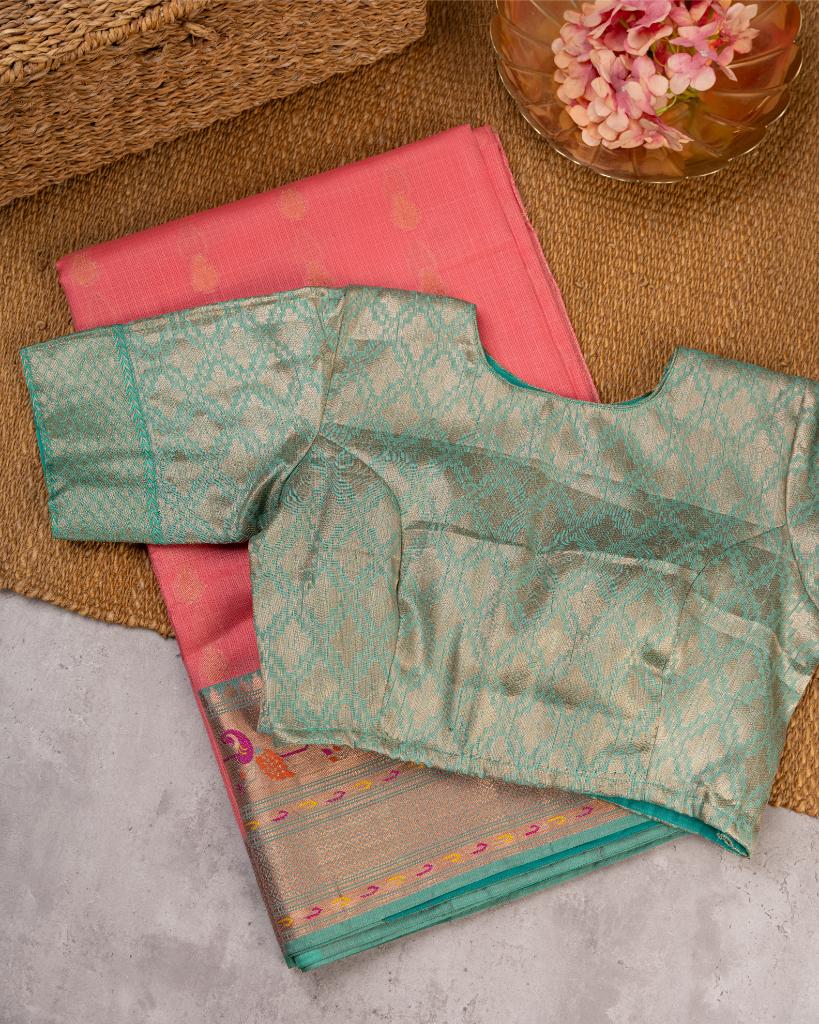Peach Kota Semi Silk with Paithani Brocade Borders in Aqua Green & Patterened Brocade Blouse | Blouse Size 38-44” | Free Shipping