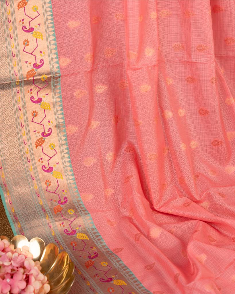 Peach Kota Semi Silk with Paithani Brocade Borders in Aqua Green & Patterened Brocade Blouse | Blouse Size 38-44” | Free Shipping