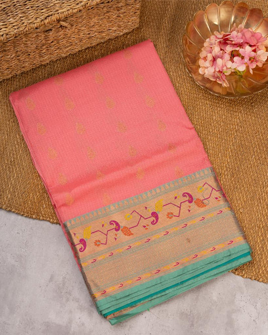 Peach Kota Semi Silk with Paithani Brocade Borders in Aqua Green & Patterened Brocade Blouse | Blouse Size 38-44” | Free Shipping
