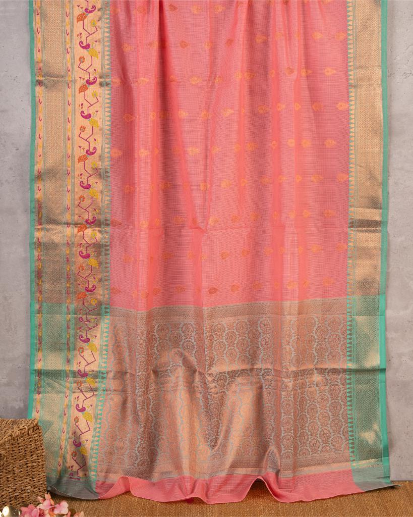 Peach Kota Semi Silk with Paithani Brocade Borders in Aqua Green & Patterened Brocade Blouse | Blouse Size 38-44” | Free Shipping