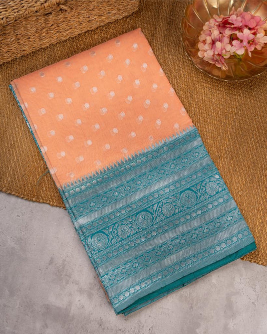 Peach Semi Chanderi Silk Saree with Silver Zari Kanchipuram inspired Borders in Teal & Patterened Blouse | Blouse Size 38-44” | Free Shipping