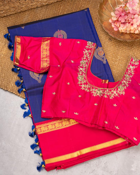 Premium Kanchipuram Silk Saree in Ink Blue Color with Fuscia Double Retta Petta Borders and Menakari Woven Banarasi Motifs and Hand Embroidered Blouse | Blouse Size 38-44” | Free Shipping