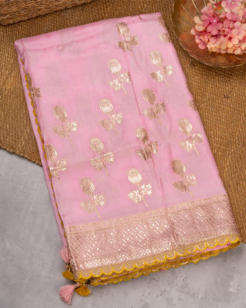 Pure Banarasi Dola Pink Sareewith Mustard Cutwork Borders and Mustard Machine Embroidered Blouse | Blouse Size 38-44” | Free Shipping
