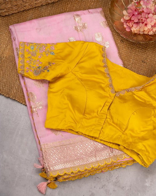Pure Banarasi Dola Pink Sareewith Mustard Cutwork Borders and Mustard Machine Embroidered Blouse | Blouse Size 38-44” | Free Shipping