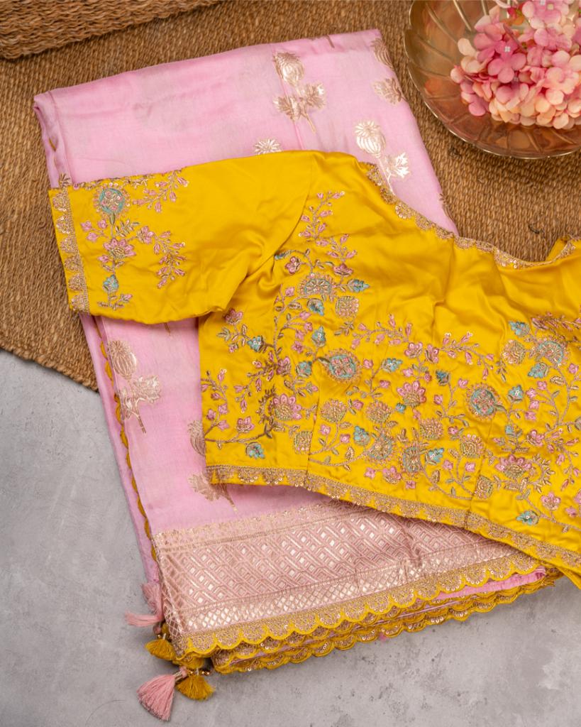 Pure Banarasi Dola Pink Sareewith Mustard Cutwork Borders and Mustard Machine Embroidered Blouse | Blouse Size 38-44” | Free Shipping