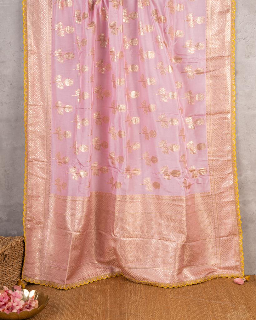 Pure Banarasi Dola Pink Sareewith Mustard Cutwork Borders and Mustard Machine Embroidered Blouse | Blouse Size 38-44” | Free Shipping