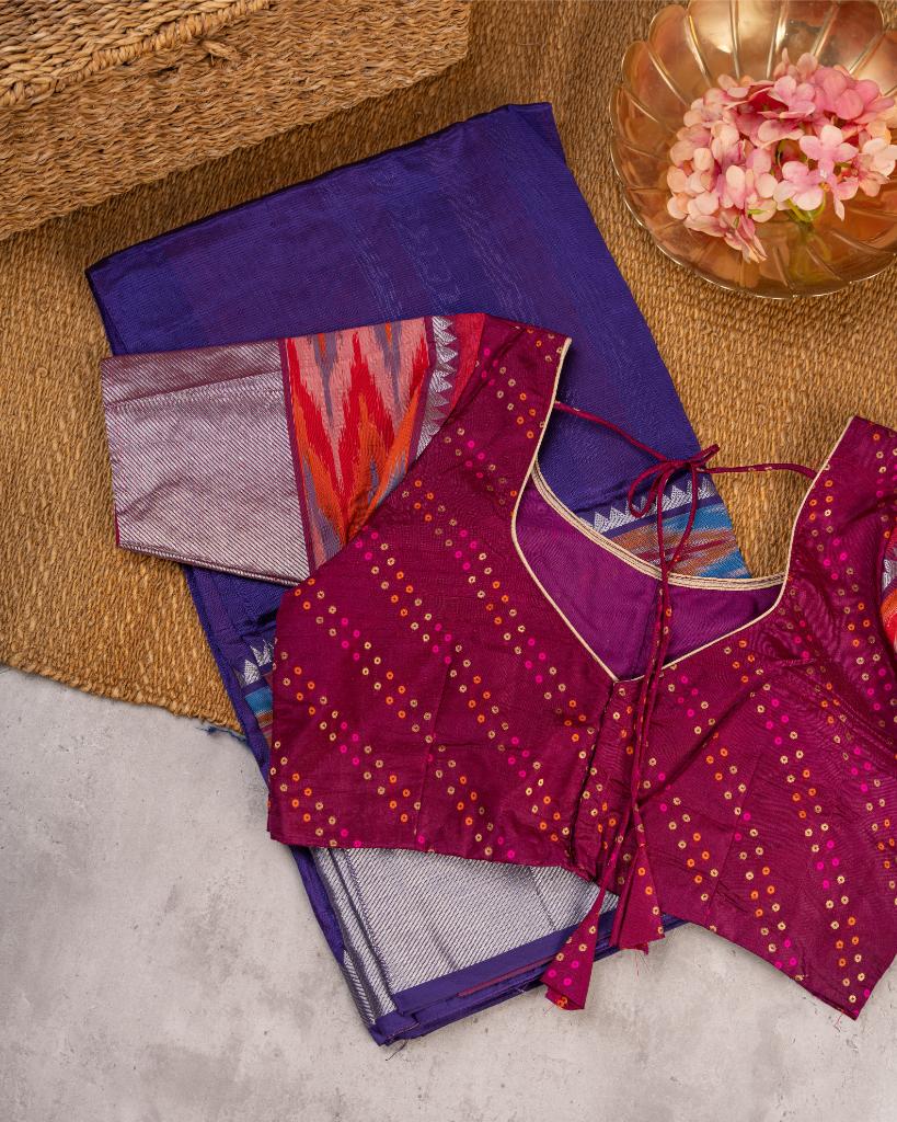 Purple and Maroon Mangalagiri Silk Saree with Ikkat Weave in the Border with Silver Zari and Maroon Bandini woven Blouse | Blouse Size 38-44 | Free Shipping