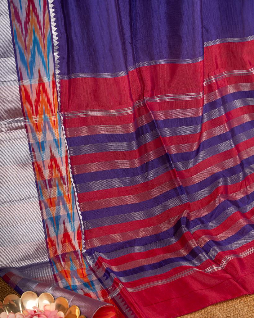 Purple and Maroon Mangalagiri Silk Saree with Ikkat Weave in the Border with Silver Zari and Maroon Bandini woven Blouse | Blouse Size 38-44 | Free Shipping