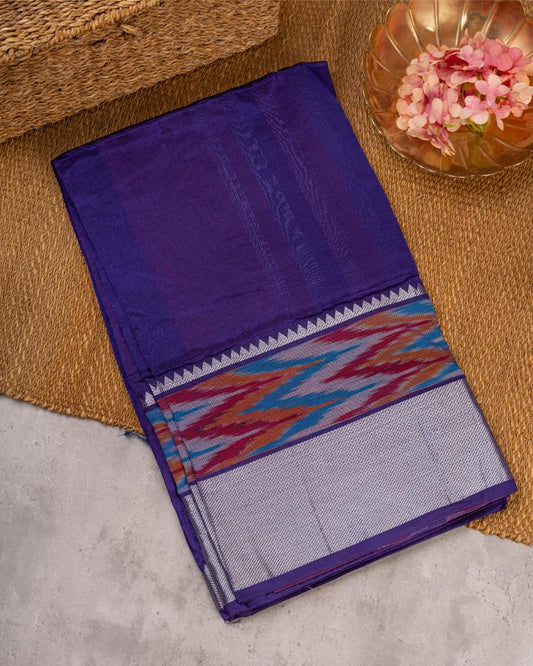 Purple and Maroon Mangalagiri Silk Saree with Ikkat Weave in the Border with Silver Zari and Maroon Bandini woven Blouse | Blouse Size 38-44 | Free Shipping