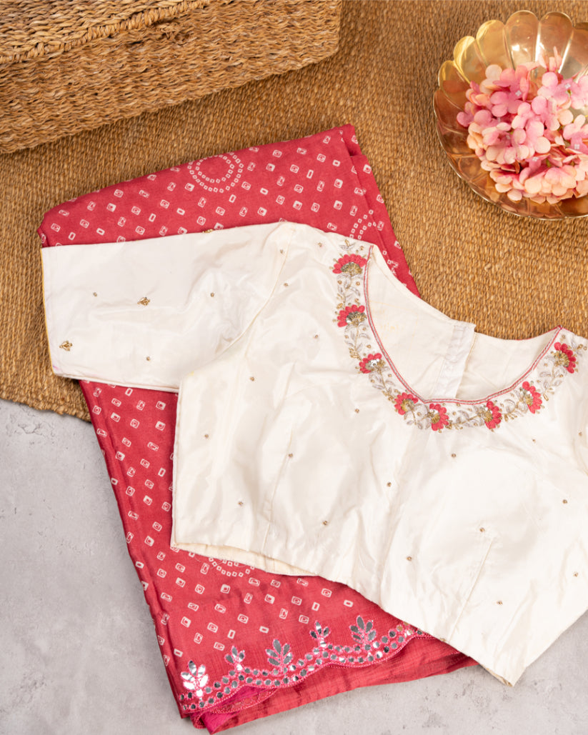 Red Bandini Prints on Crepe Silk with Mirror lace work and Hand Work Blouse in White color | Blouse Size 38-44" | Free Shipping