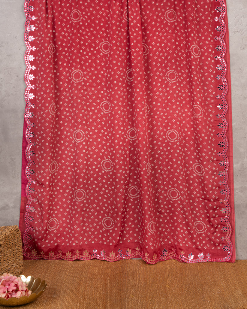 Red Bandini Prints on Crepe Silk with Mirror lace work and Hand Work Blouse in White color | Blouse Size 38-44" | Free Shipping