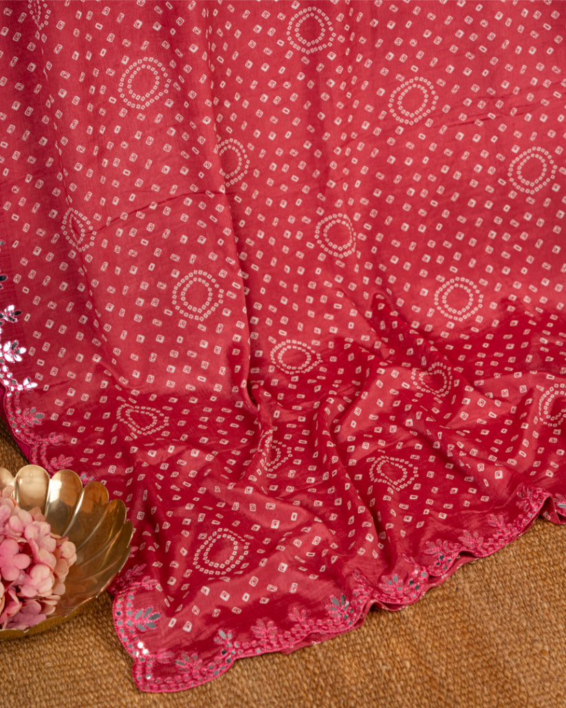 Red Bandini Prints on Crepe Silk with Mirror lace work and Hand Work Blouse in White color | Blouse Size 38-44" | Free Shipping