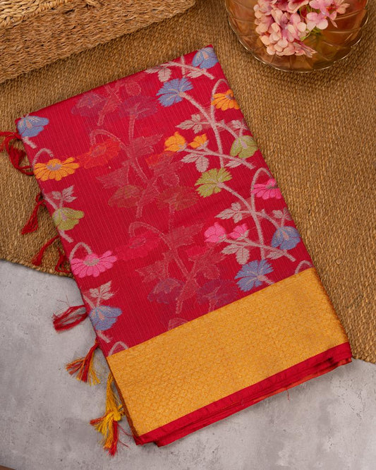 Red Silk Kota Saree with all over floral Tifli Weaving and Mustard Kaddi Borders and Pattern Mustard Blouse | Blouse Size 38-44” | Free Shipping