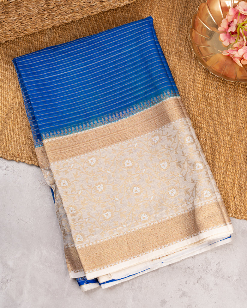 Robbin Blue Banarasi Kora Silk Saree with beige meenakari borders & beige Pattern Blouse | Blouse size 38-44" | Free Shipping