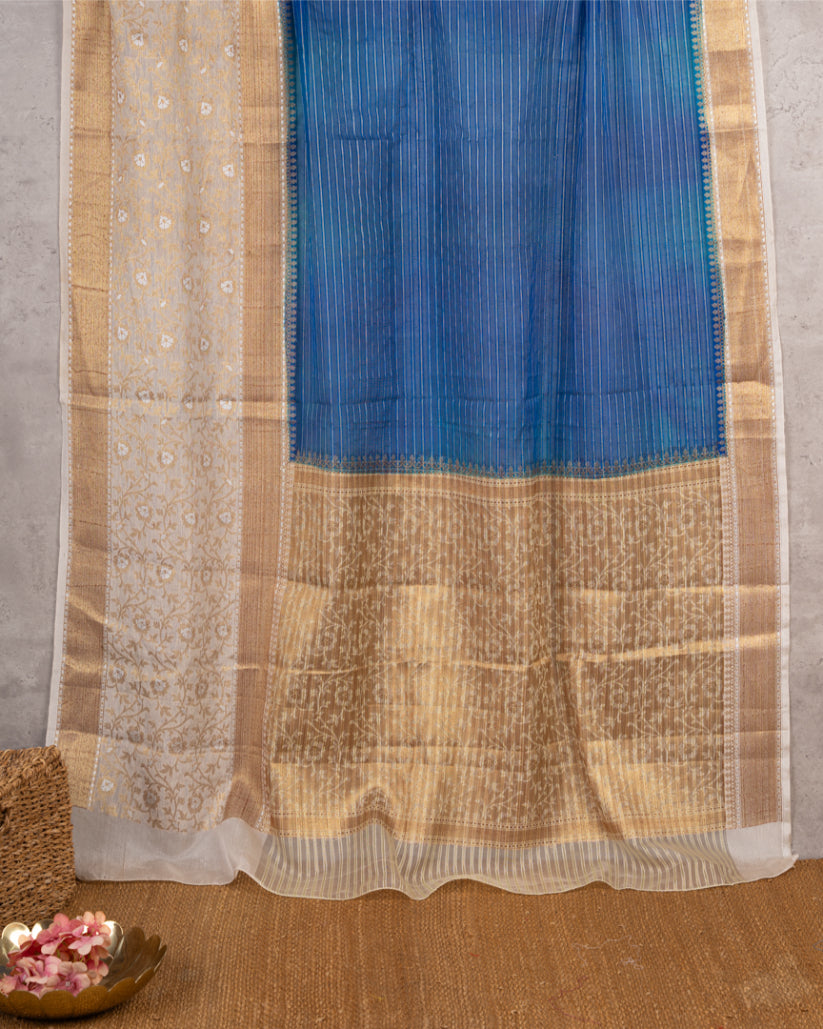 Robbin Blue Banarasi Kora Silk Saree with beige meenakari borders & beige Pattern Blouse | Blouse size 38-44" | Free Shipping