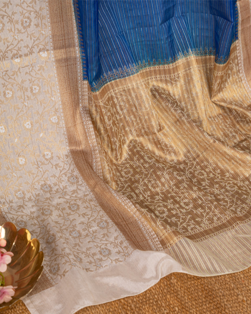 Robbin Blue Banarasi Kora Silk Saree with beige meenakari borders & beige Pattern Blouse | Blouse size 38-44" | Free Shipping