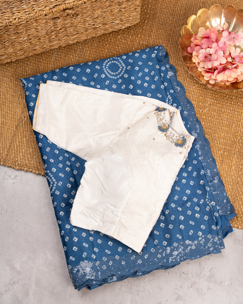 Robbin Blue Bandini Prints on Crepe Silk with Mirror lace work and Hand Work Blouse in White color | Blouse Size 38-44" | Free Shipping