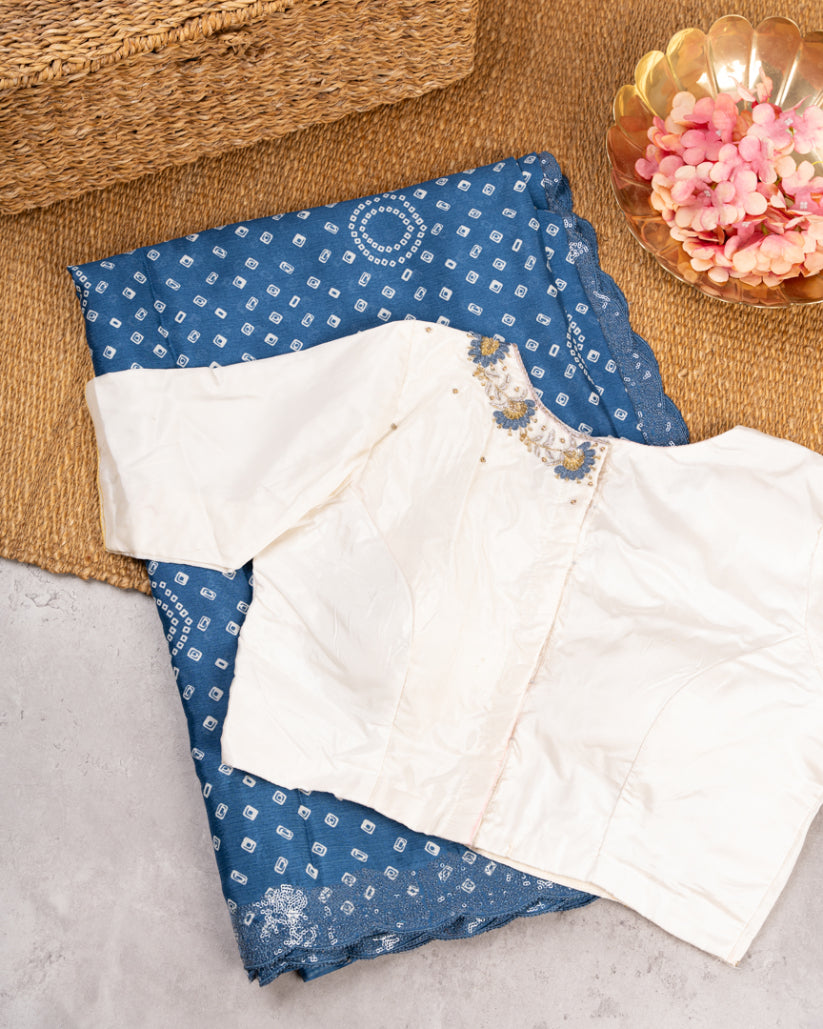 Robbin Blue Bandini Prints on Crepe Silk with Mirror lace work and Hand Work Blouse in White color | Blouse Size 38-44" | Free Shipping