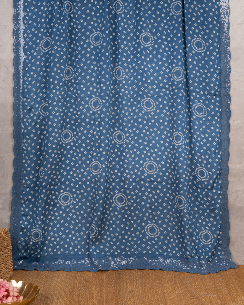 Robbin Blue Bandini Prints on Crepe Silk with Mirror lace work and Hand Work Blouse in White color | Blouse Size 38-44" | Free Shipping