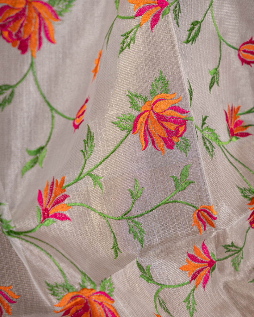 Silver Tissue Silk Saree with all over Flower Embroidery & Magenta Blouse | Blouse Size #8-44" | Free Shipping |
