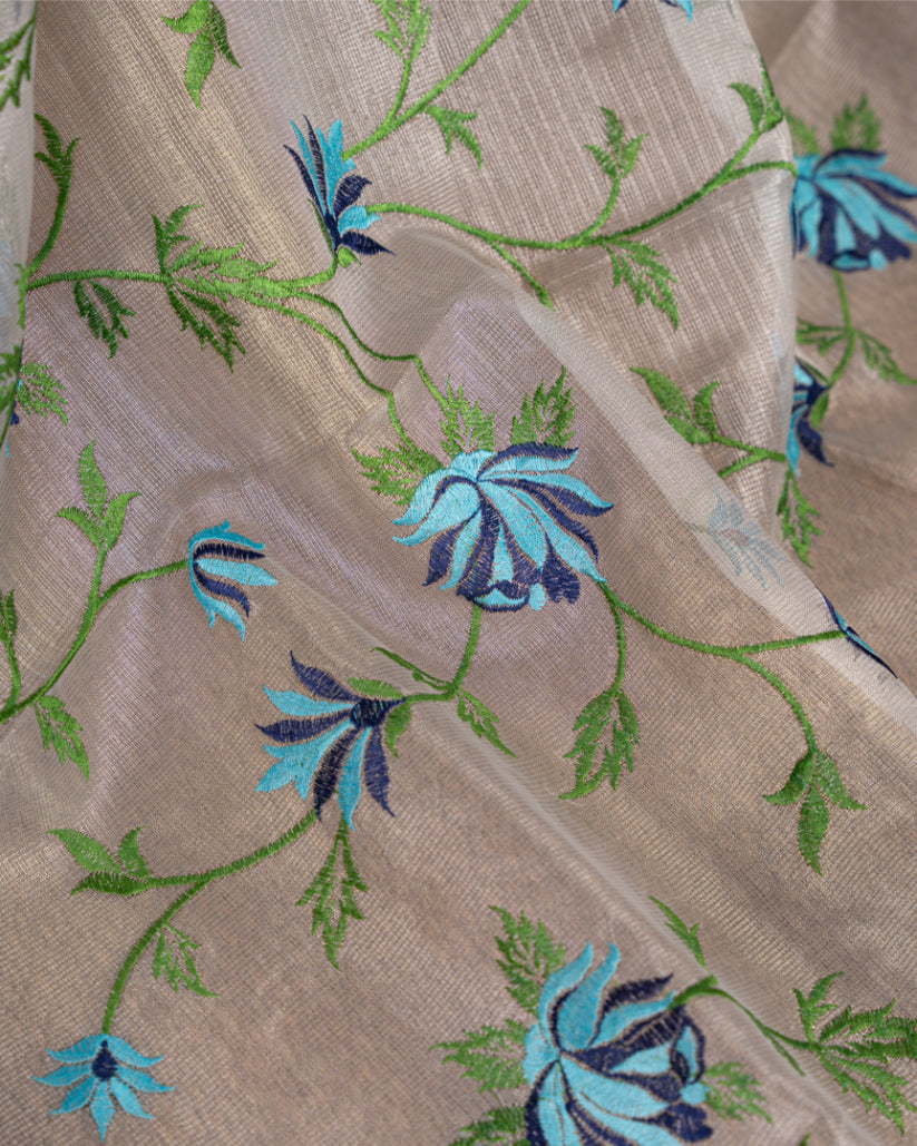Silver Tissue Silk Saree with all over Flower Embroidery & Navy Blue & Silver Sequins Blouse | Blouse Size #8-44" | Free Shipping |