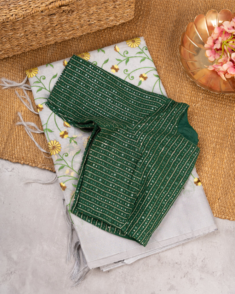 Silver Tissue Silk Saree with all over Sunflower Embroidery & Bottle Green Sequins Blouse | Blouse Size #8-44" | Free Shipping |