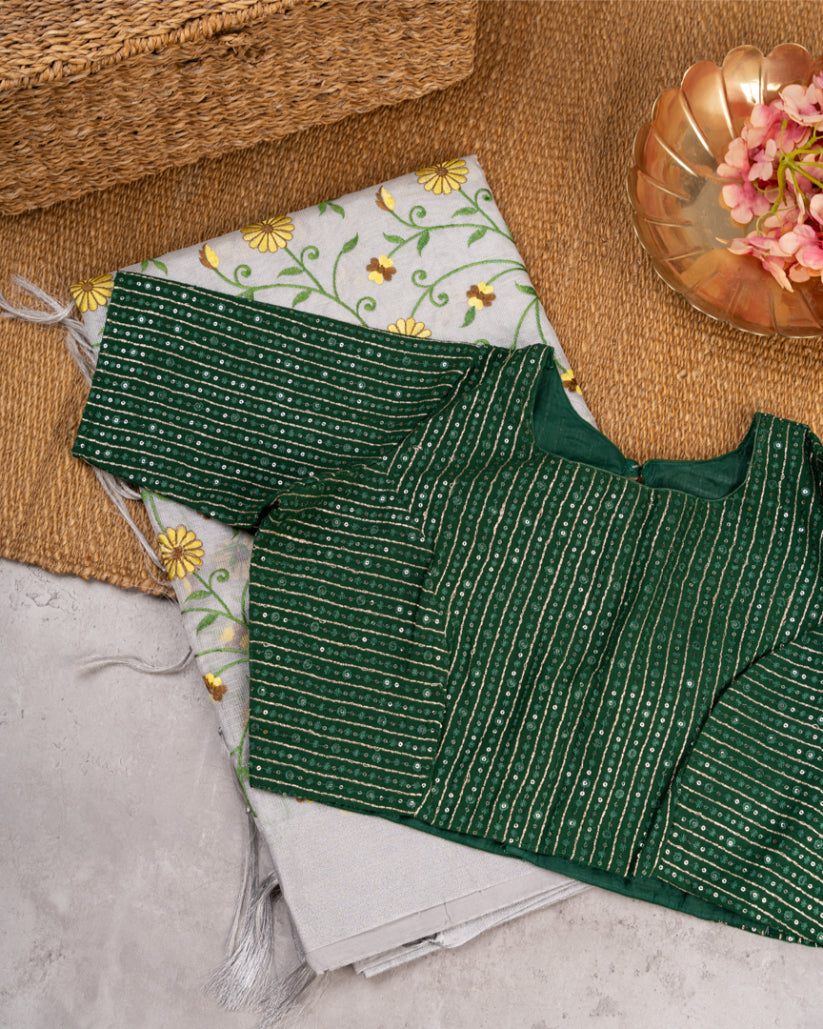 Silver Tissue Silk Saree with all over Sunflower Embroidery & Bottle Green Sequins Blouse | Blouse Size #8-44" | Free Shipping |