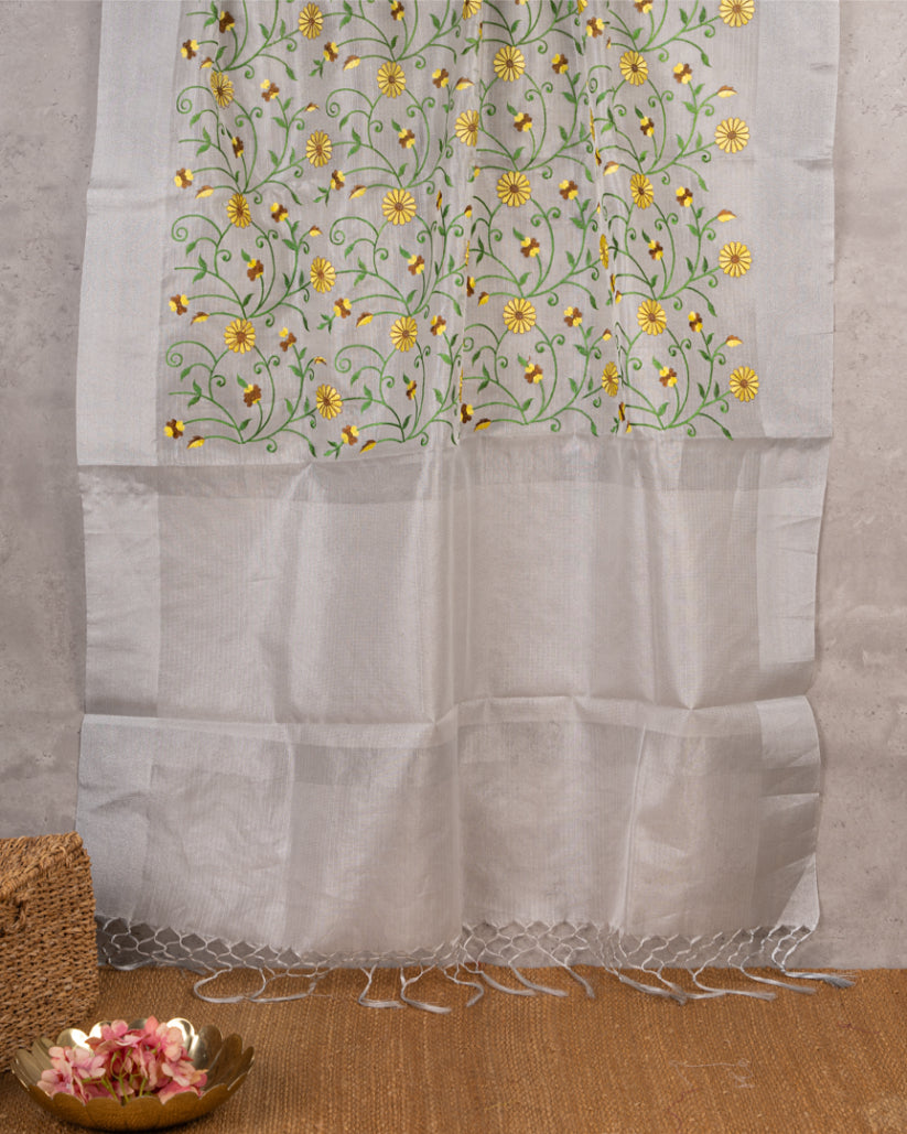 Silver Tissue Silk Saree with all over Sunflower Embroidery & Bottle Green Sequins Blouse | Blouse Size #8-44" | Free Shipping |