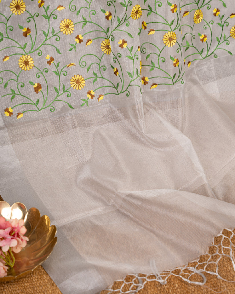Silver Tissue Silk Saree with all over Sunflower Embroidery & Bottle Green Sequins Blouse | Blouse Size #8-44" | Free Shipping |