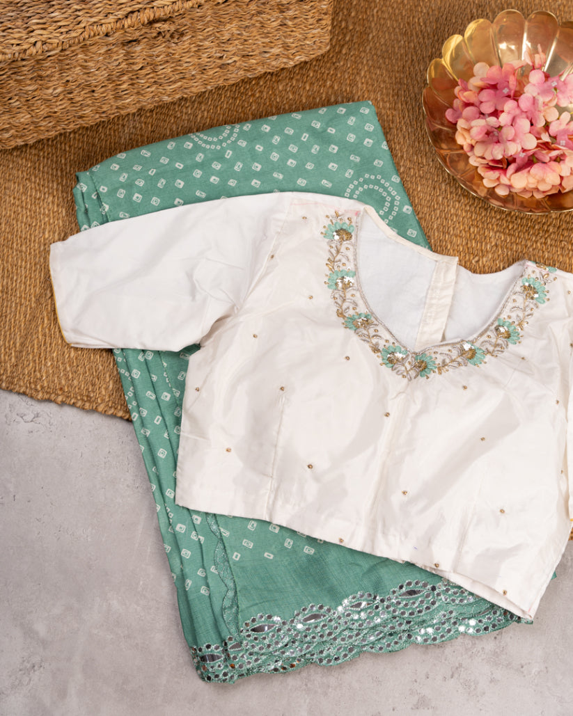 Teal Blue Bandini Prints on Crepe Silk with Mirror lace work and Hand Work Blouse in White color | Blouse Size 38-44" | Free Shipping