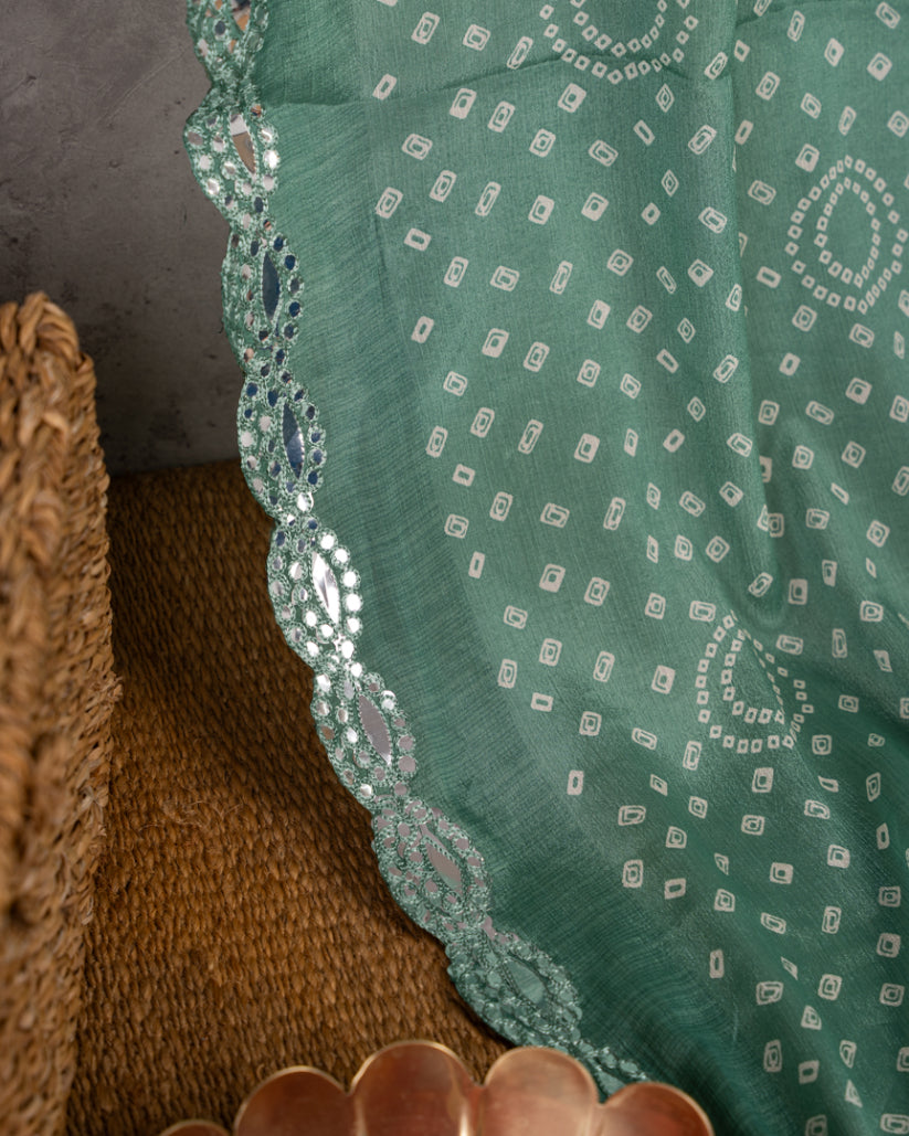 Teal Blue Bandini Prints on Crepe Silk with Mirror lace work and Hand Work Blouse in White color | Blouse Size 38-44" | Free Shipping